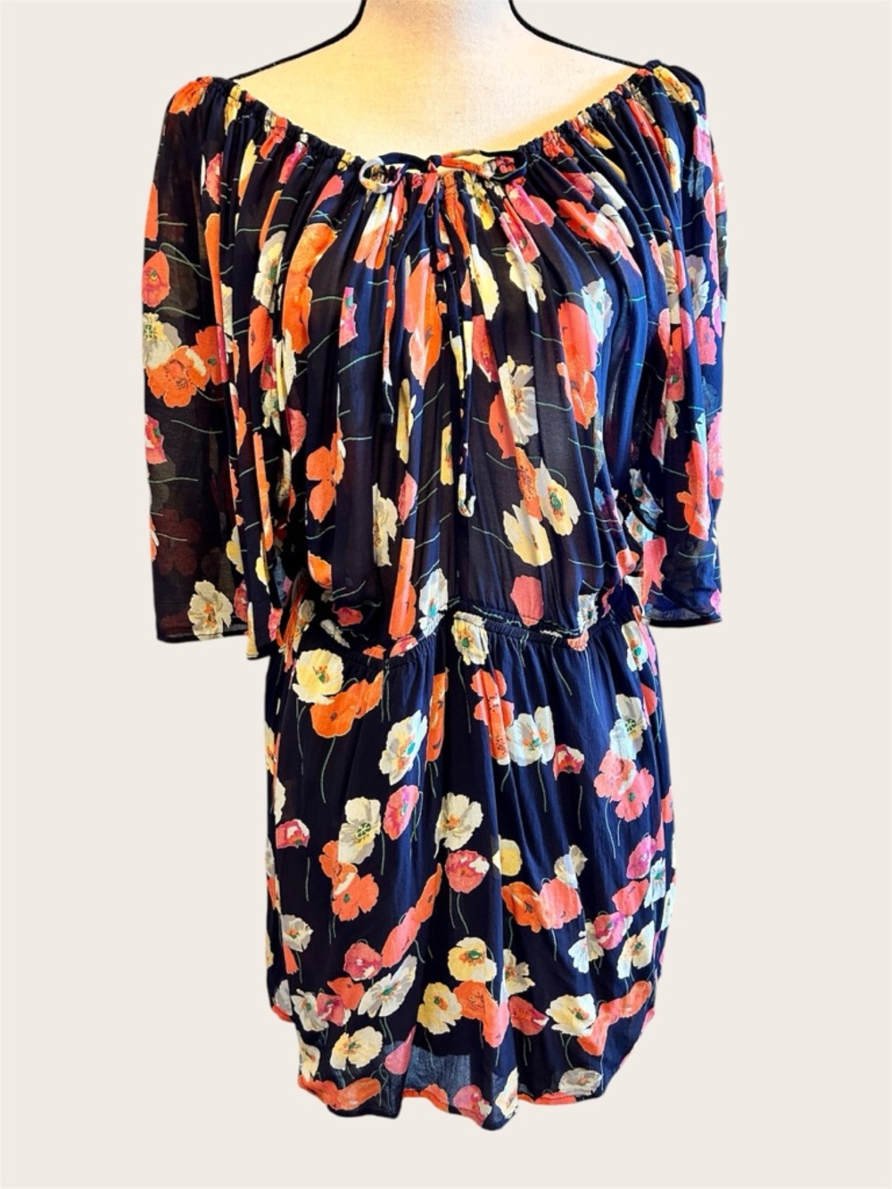 Topshop Off Shoulder Floral Dress Navy Coral Elastic Waist Sz 6